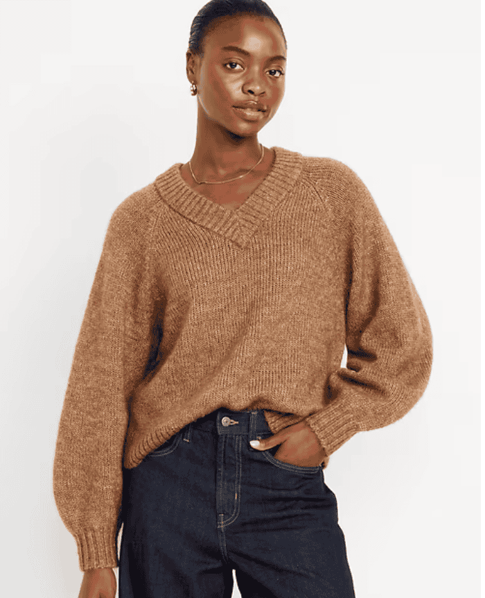 Camel Sweater, Jeans, Gold Hoops