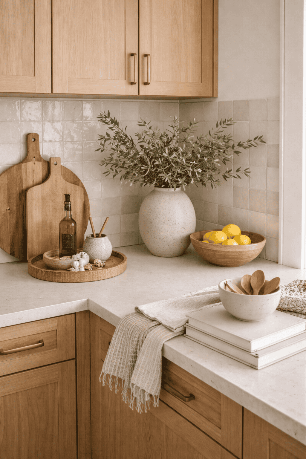 modern organic kitchen with white counter and wooden accessories
