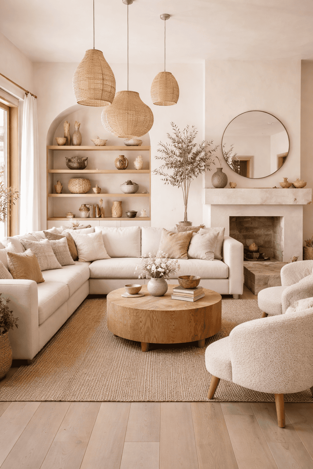 modern organic living room with light couch and chairs