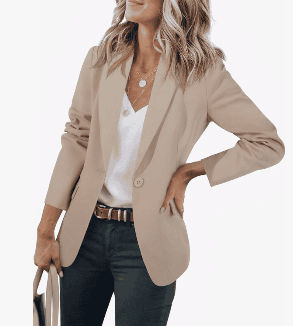 woman wearing a tan casual blazer