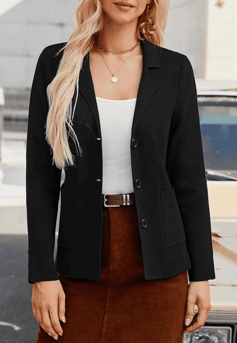 Woman wearing a black knit blazer
