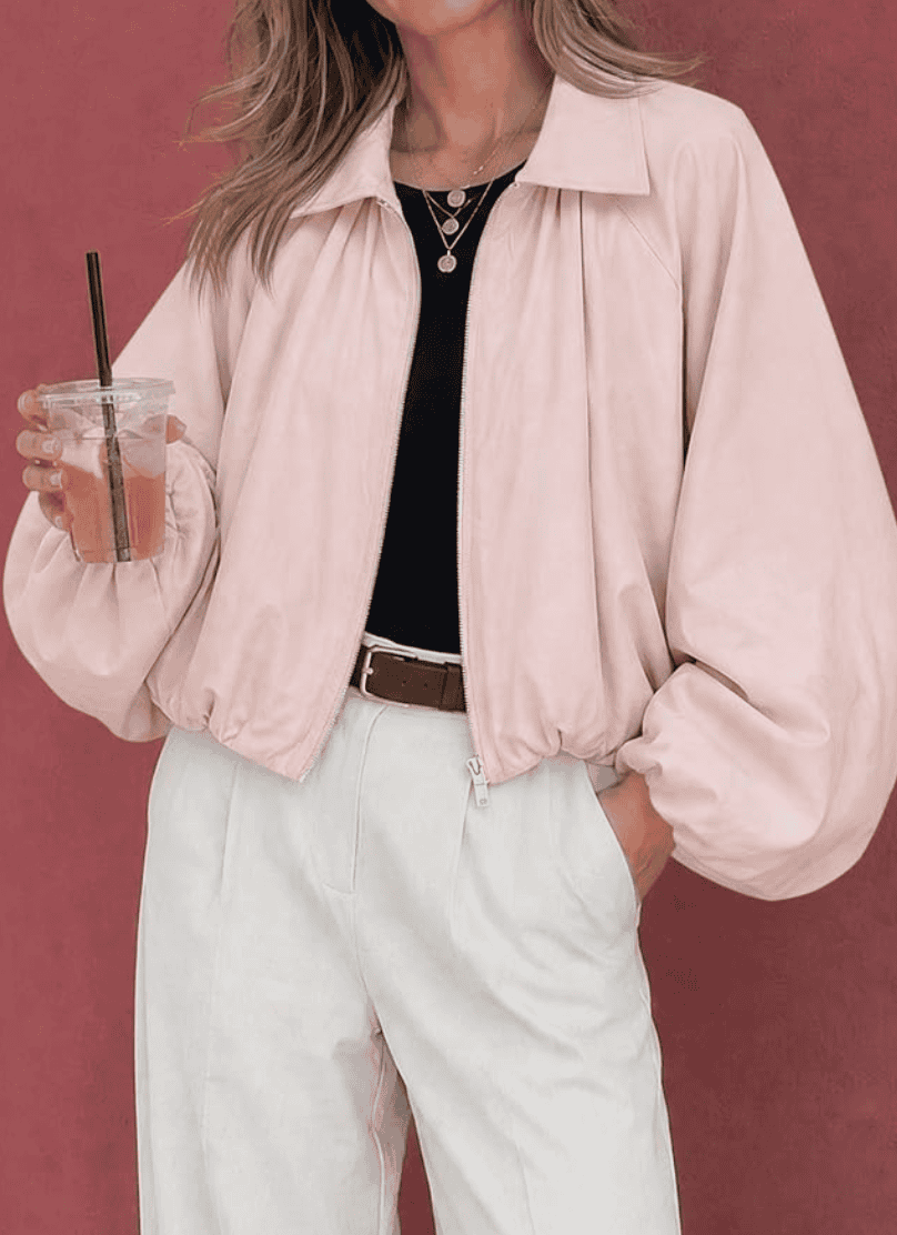 pink cropped bomber jacker
