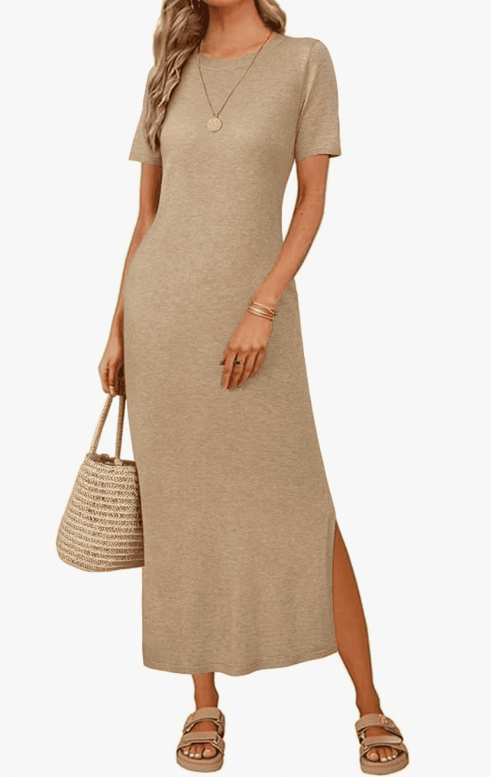 wool blend maxi dress in tan