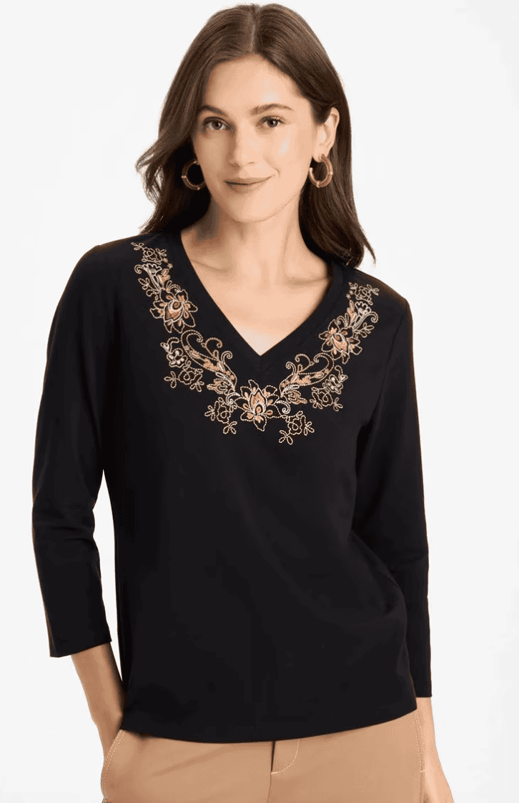 Chico's Embroidered Cotton Stretch 3/4 Sleeve Tee