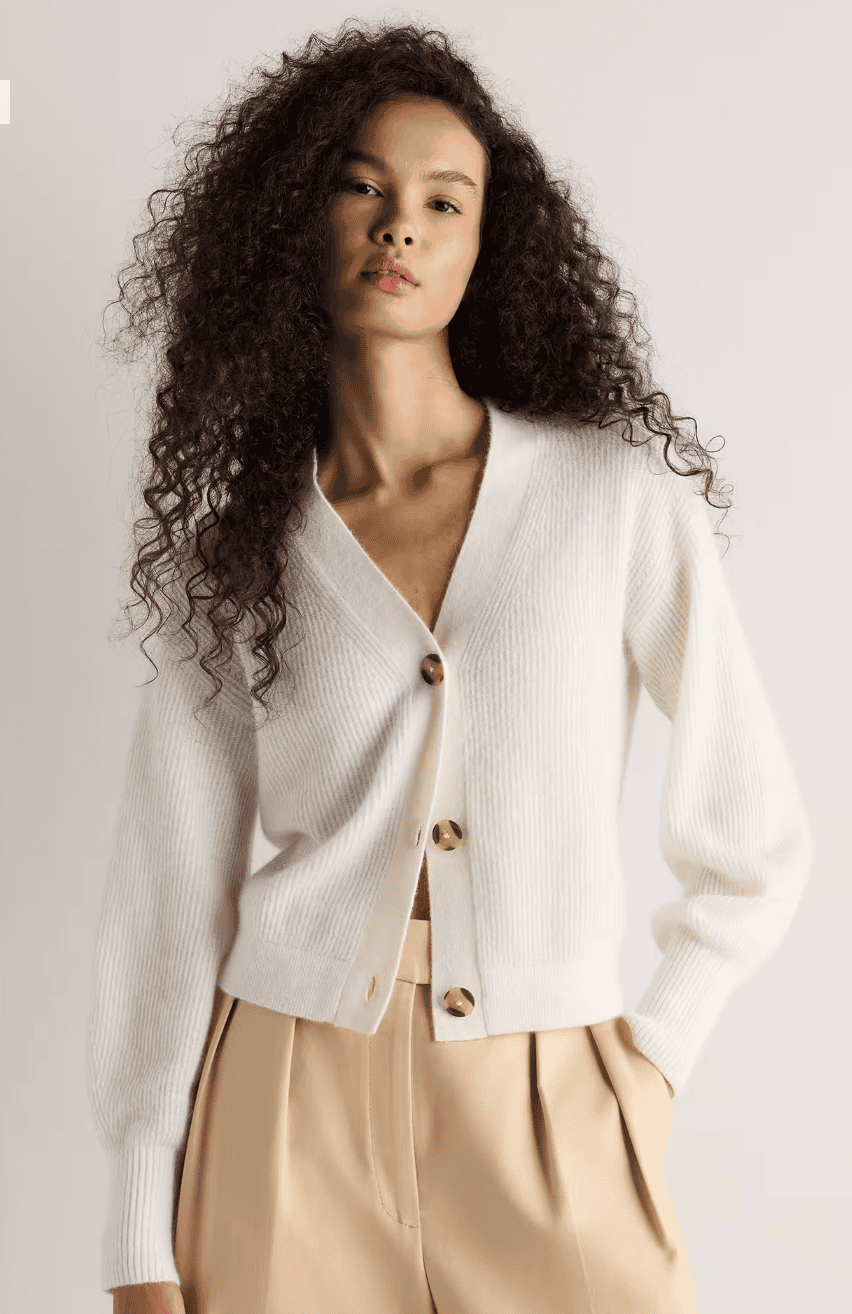 Quince Lightweight Baby Alpaca Cropped V-Neck Cardigan in Stone Ivory