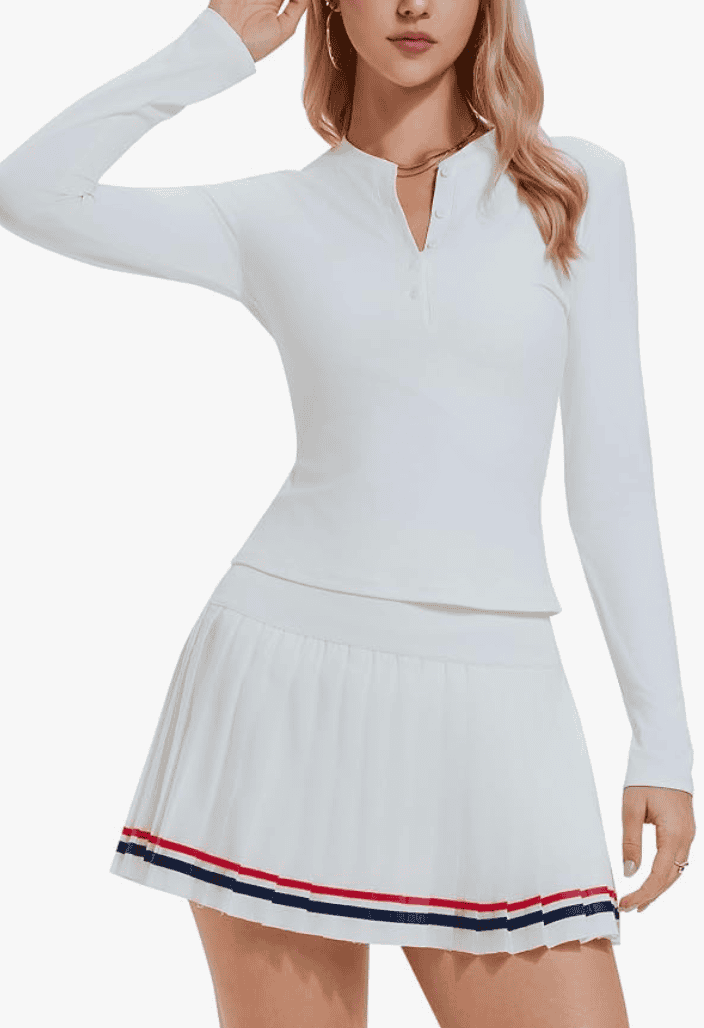 IUK Womens Tennis Skirt Set 2 Piece Long Sleeve Henley Pleated Skort