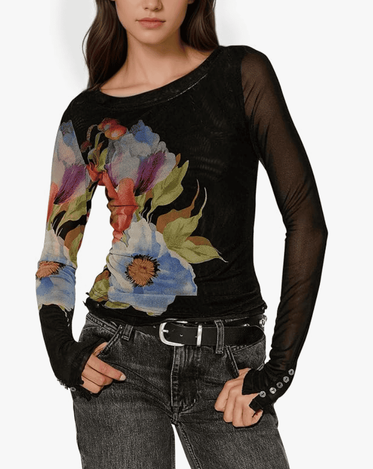 Calbatic Women Floral Mesh Long Sleeve T Shirt Crew Neck Slim Fit Tee