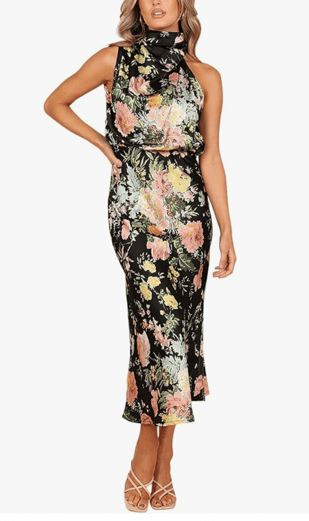 Amazon Floral Halter Neck Satin Dress