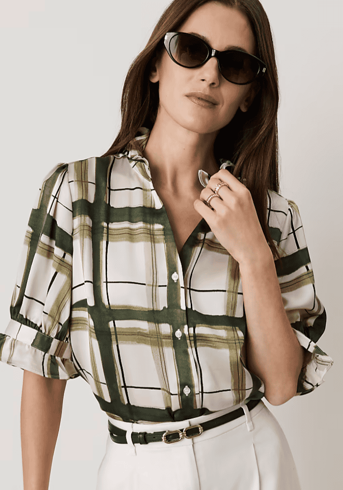 Ann Taylor Plaid Ruffle Collar Shirt