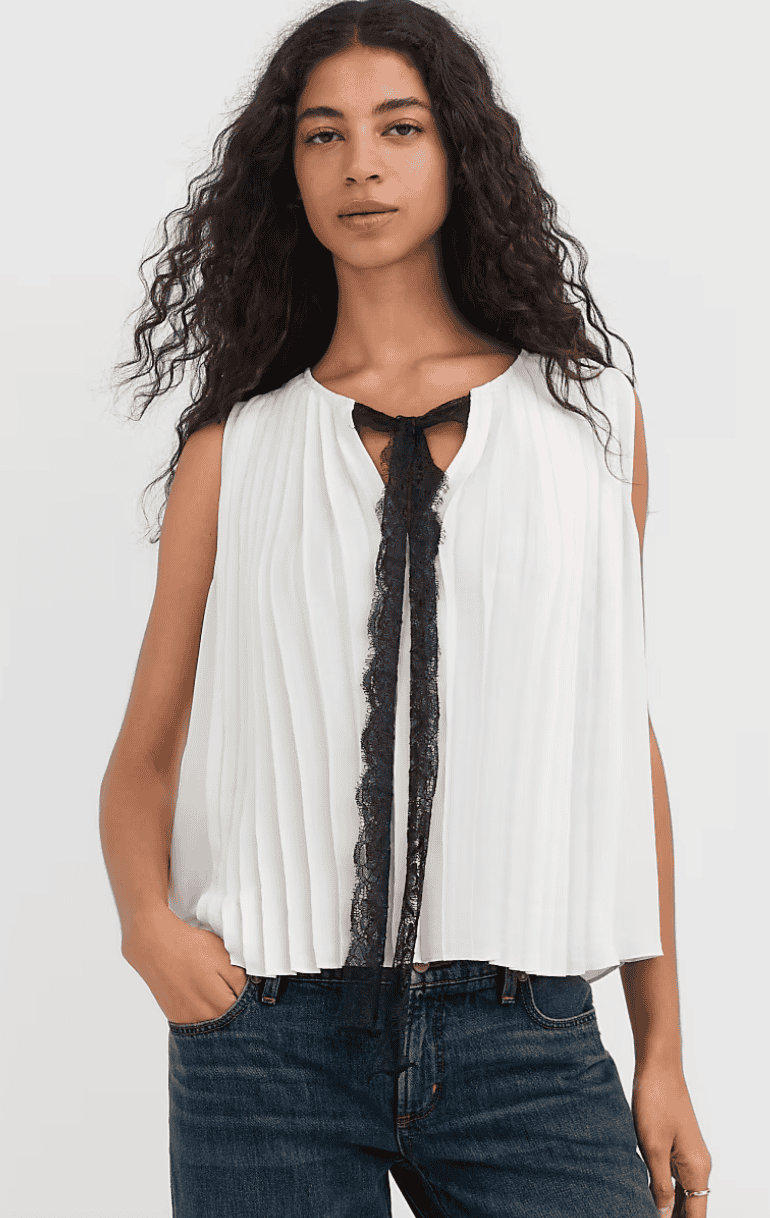 Loft Lace Tie Neck Pleated Shell