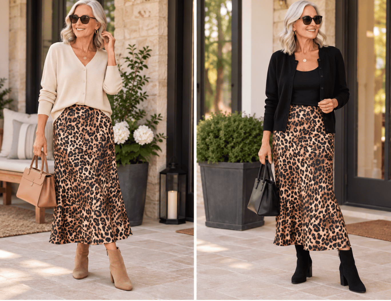 Leopard print maxi skirt styled two ways