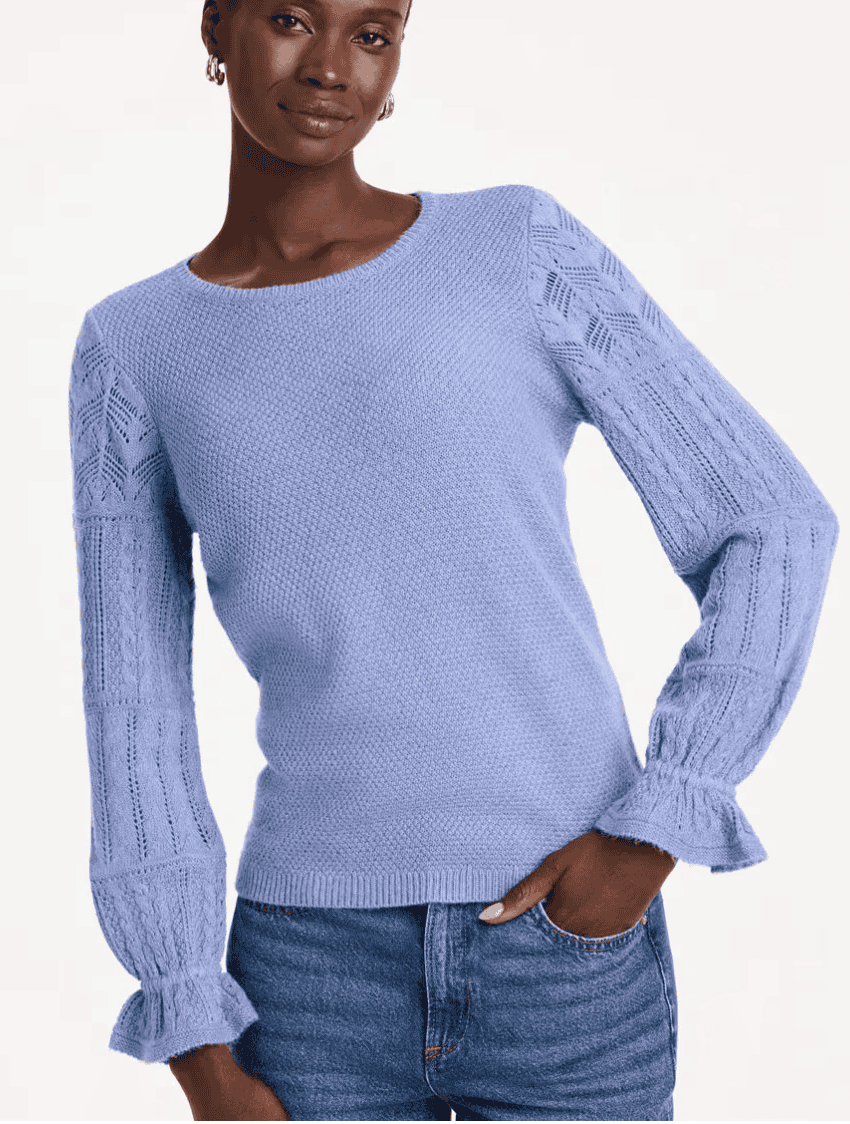 Pointelle Crochet-Lace Sleeve Pullover