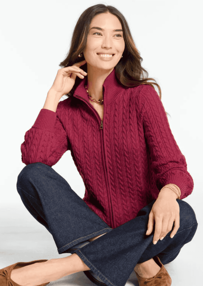 Cable knit full zip cardigan talbots
