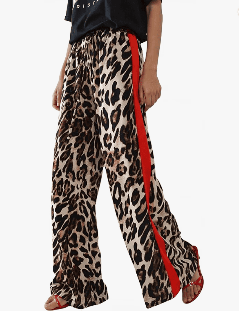 Rapbin Women's Leopard Wide Leg Pants Flowy Side Striped Palazzo Trousers