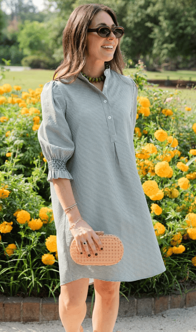 Duffield Lane Percy Popover Dress in Green Mini Gingham Seersucker