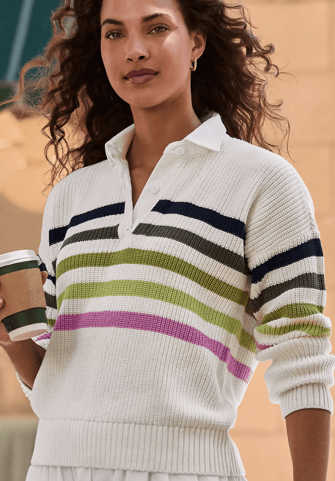 Lands' End Women's Drifter Rugby with Woven Collar Sweater