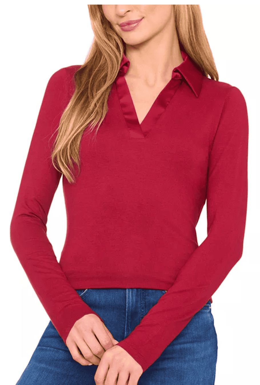 Women's Woven-Collar Knit Long-Sleeve Top
