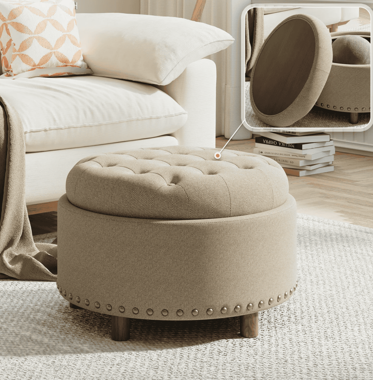 Ebern Designs Round Upholstered Storage Ottoman