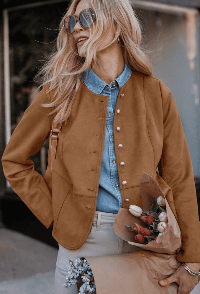 Faux-Suede Button-Front Jacket