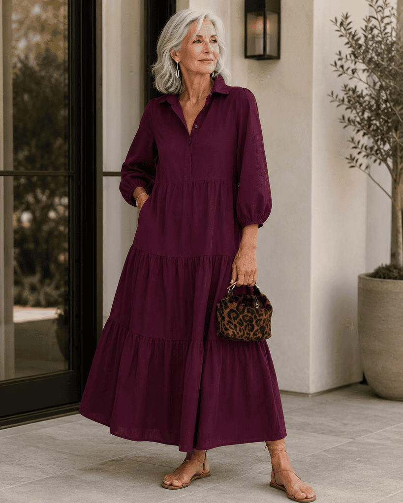 woman with gray hair is wine dress