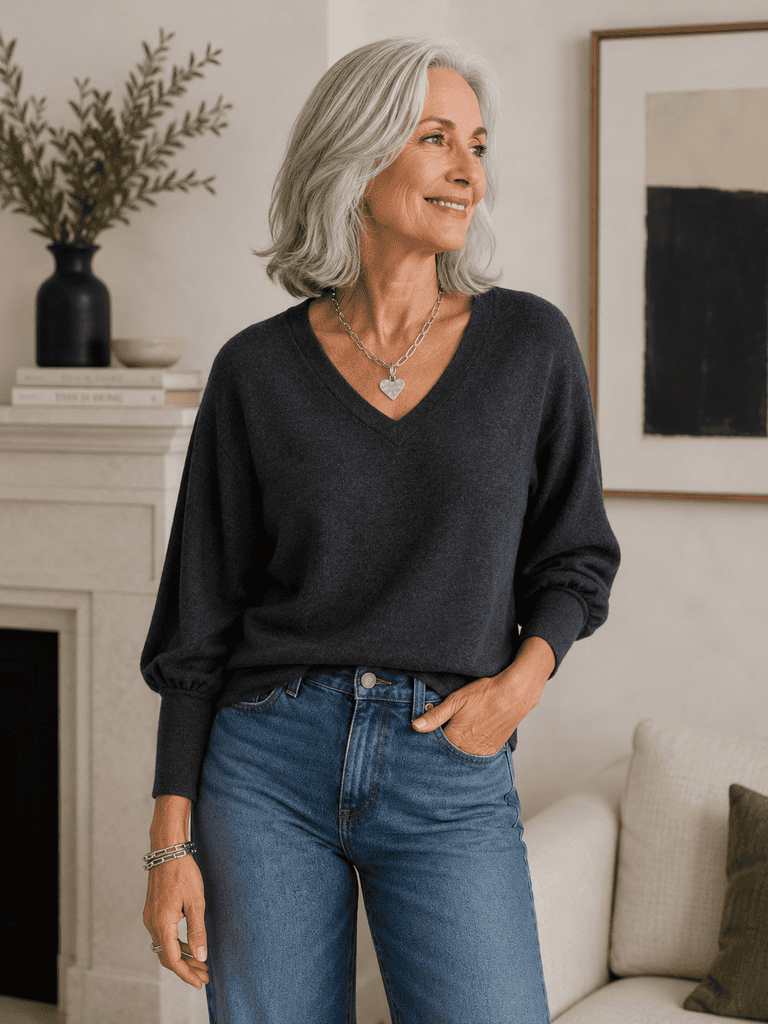 silver haired woman in gray sweater and jeans