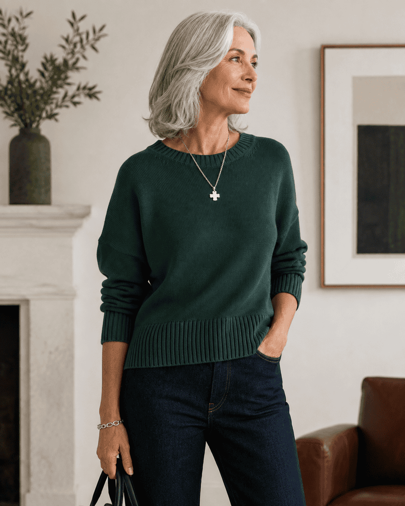 silver haired woman in green sweater