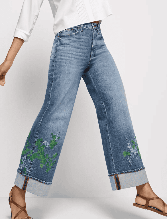 lands' end soft denim high rise wide leg embroidery jeans