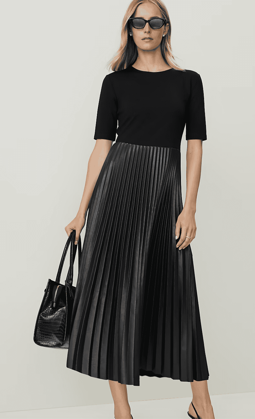 Pleated Midi Dress in Faux Leather