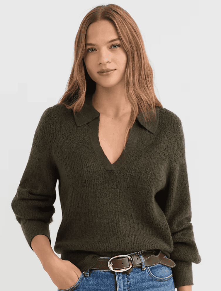Pointelle Collared Split Neck Sweater