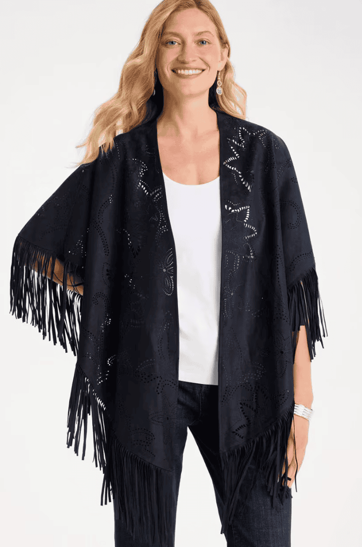 Chico's Cutout Faux Suede Fringe Ruana