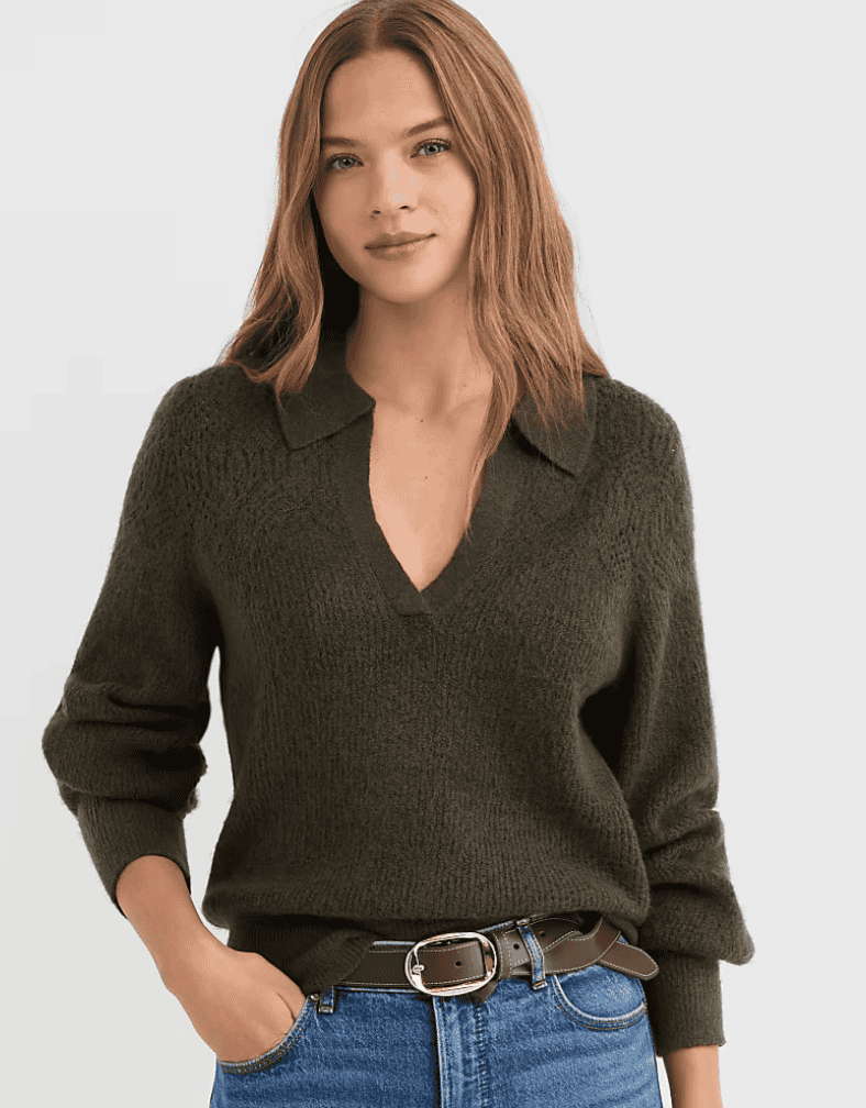 loft pointelle collard split neck sweater