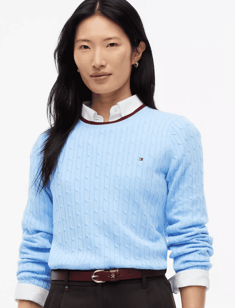 tommy hilfiger cable knit tipped crewneck sweater