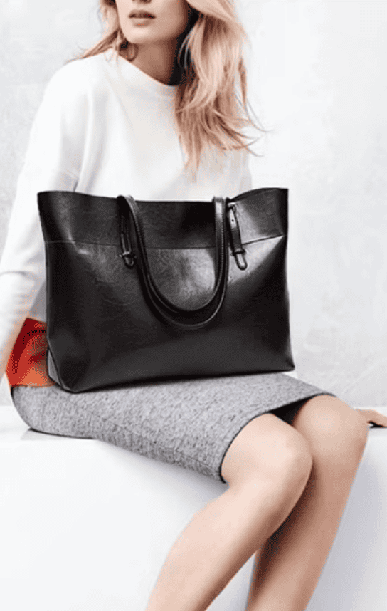 Genuine leather tote bag with zipper