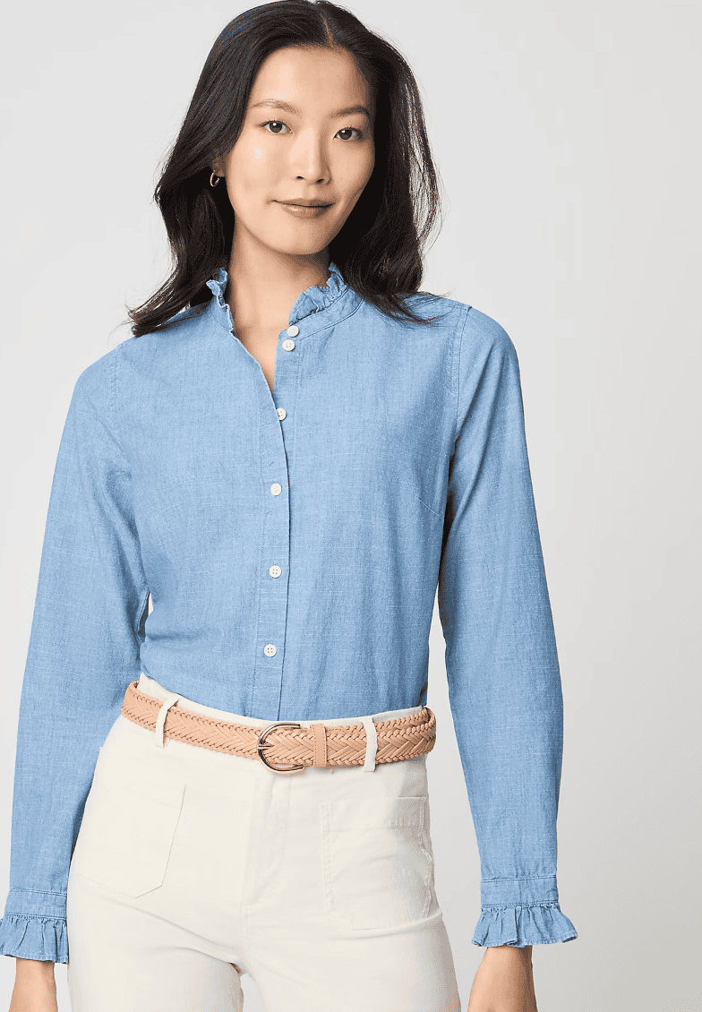 100% Cotton Chambray Ruffle Button-Up Shirt