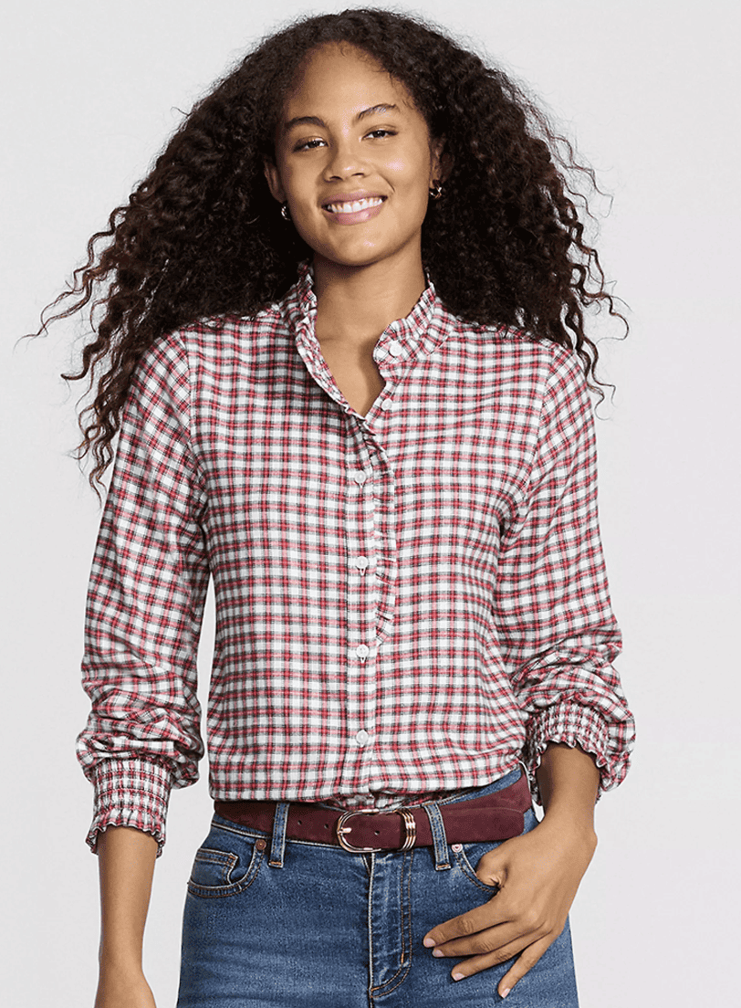 Lands' End Women's Flannel Ruffle Button Front Top