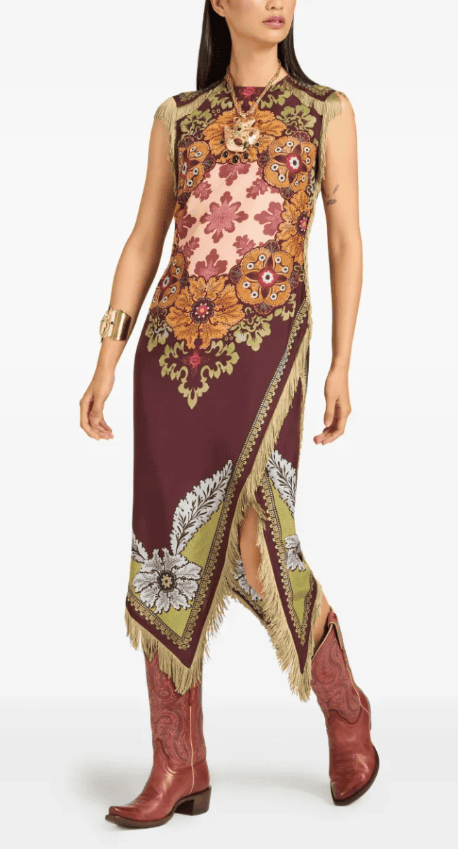 La DoubleJ Floral Print Fringe Asymmetric Day Dress