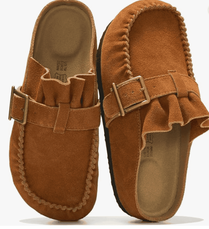 Brown suede ruffle mules